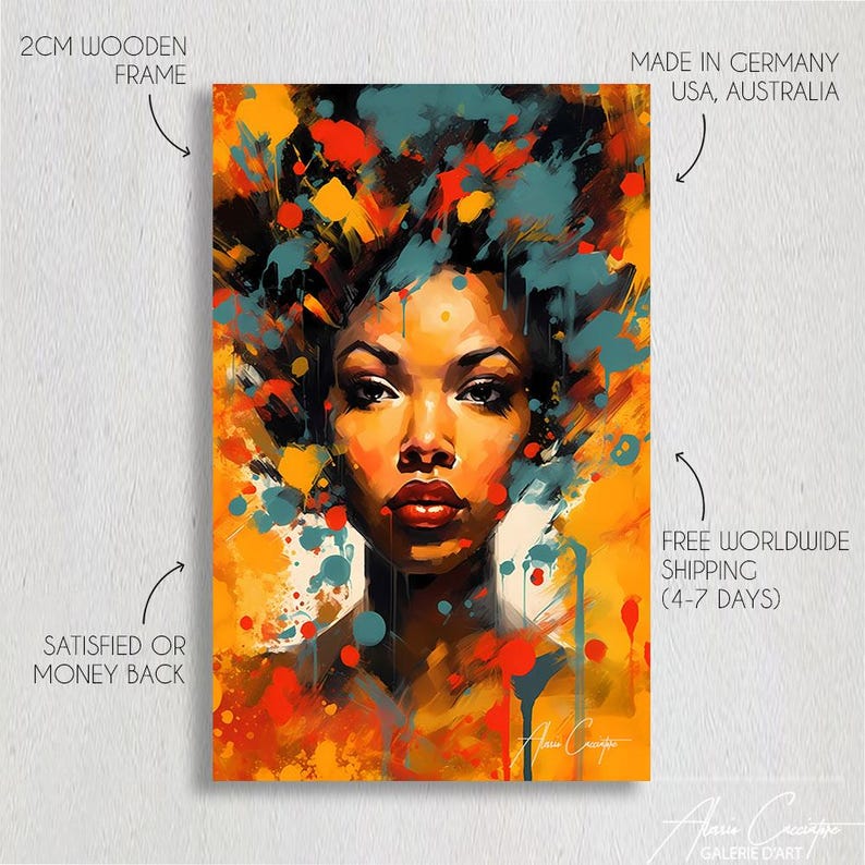 May include: Abstract painting of a woman's face with colorful splashes of paint in shades of yellow, orange, red, blue, and green. The woman has dark skin and brown eyes. The painting is framed with a 2 cm wooden frame.