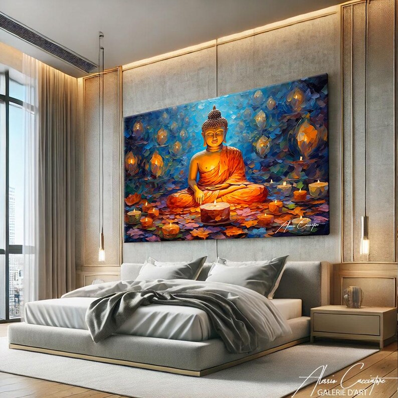 May include: A painting of a golden Buddha meditating surrounded by glowing candles in a blue and orange landscape.