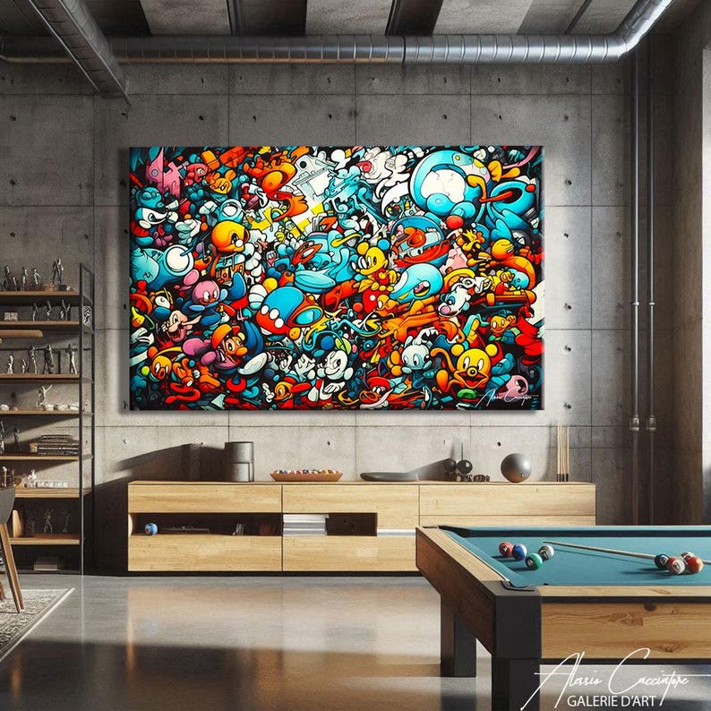 Explosive street art and doodle style canvas print packed with a chaotic collage of original cartoon characters and imaginative round creatures in a joyful, dense composition. Vivid turquoise, orange, red, yellow and white tones with bold outlines and urban graffiti energy. Perfect colorful wall art for a kids room, teen bedroom, living room, or games room, and an ideal gift for street art lovers, cartoon fans, and maximalist decor enthusiasts.