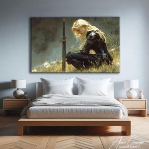 This female knight wall art portrays a powerful warrior woman in a moment of quiet reflection, kneeling beside her sword. Blending strength and vulnerability, this fantasy canvas captures courage, resilience, and inner determination. With a moody atmosphere and cinematic lighting, this artwork creates an emotional and inspiring focal point, perfect for adding depth and character to any interior.