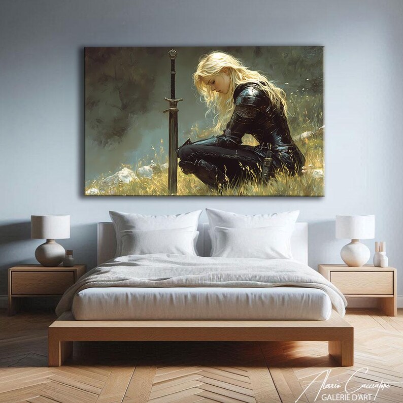 This female knight wall art portrays a powerful warrior woman in a moment of quiet reflection, kneeling beside her sword. Blending strength and vulnerability, this fantasy canvas captures courage, resilience, and inner determination. With a moody atmosphere and cinematic lighting, this artwork creates an emotional and inspiring focal point, perfect for adding depth and character to any interior.