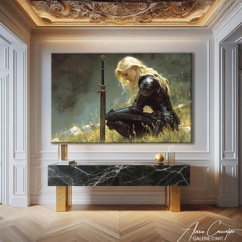 This female knight wall art portrays a powerful warrior woman in a moment of quiet reflection, kneeling beside her sword. Blending strength and vulnerability, this fantasy canvas captures courage, resilience, and inner determination. With a moody atmosphere and cinematic lighting, this artwork creates an emotional and inspiring focal point, perfect for adding depth and character to any interior.