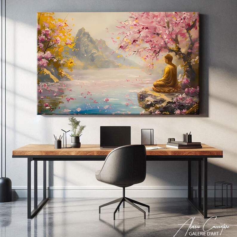 Spiritual Wall Art Decor, Gold Buddha Canvas Art, Cherry Blossom Tree ...