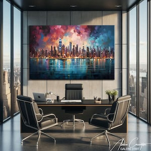 NYC skyline canvas print featuring a stunning panoramic view of Manhattan's illuminated skyscrapers at night reflected on a calm teal water surface, set beneath a dramatic mosaic-style expressionist sky of deep red, purple, rose and electric blue palette knife brushstrokes creating a vibrant jewel-toned canopy above the glittering city lights. Bold cubist-inspired painting style with rich multicolored tones on a dark background. Premium fine art canvas handcrafted in Germany.