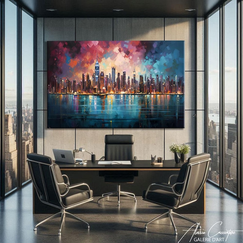 NYC skyline canvas print featuring a stunning panoramic view of Manhattan's illuminated skyscrapers at night reflected on a calm teal water surface, set beneath a dramatic mosaic-style expressionist sky of deep red, purple, rose and electric blue palette knife brushstrokes creating a vibrant jewel-toned canopy above the glittering city lights. Bold cubist-inspired painting style with rich multicolored tones on a dark background. Premium fine art canvas handcrafted in Germany.