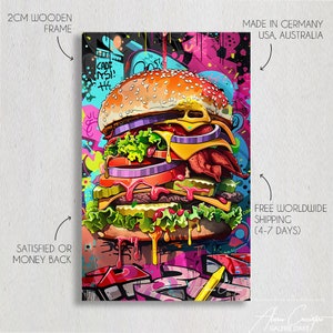 May include: A colorful, cartoon-style illustration of a large burger with dripping cheese, ketchup, and mustard. The burger is surrounded by graffiti-style text and designs.