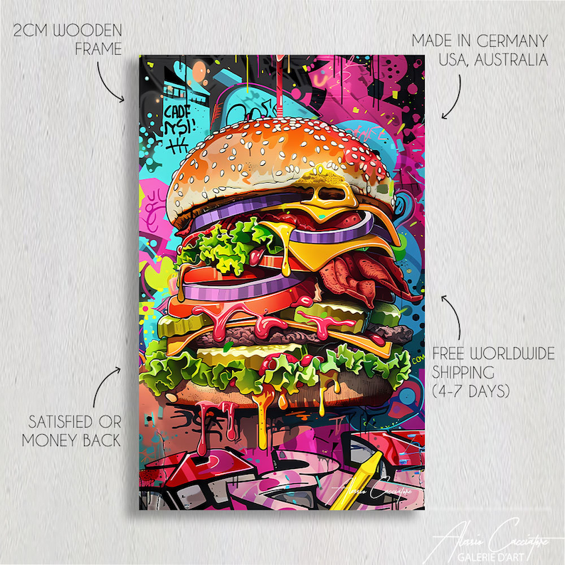 May include: A colorful, cartoon-style illustration of a large burger with dripping cheese, ketchup, and mustard. The burger is surrounded by graffiti-style text and designs.