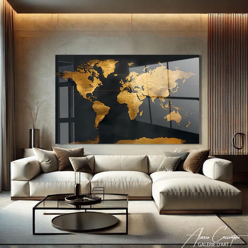 World Map Decor Framed, Tempered Glass Wall Art Abstract, World Map Wall Art, Acrylic Glass Art, Adventure Gift For Him, Above Bed Decor
