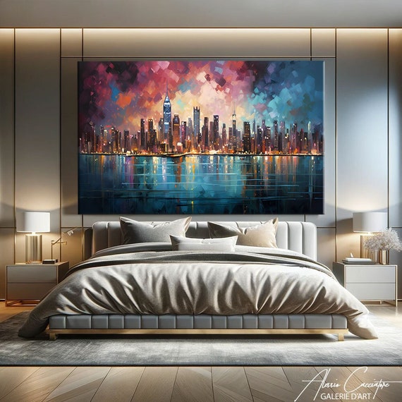 New York Wall Art Horizontal, City Skyline Art, NYC Prints Framed, Urban Wall Art, Abstract Cityscape Art Large, Statement Wall Decor