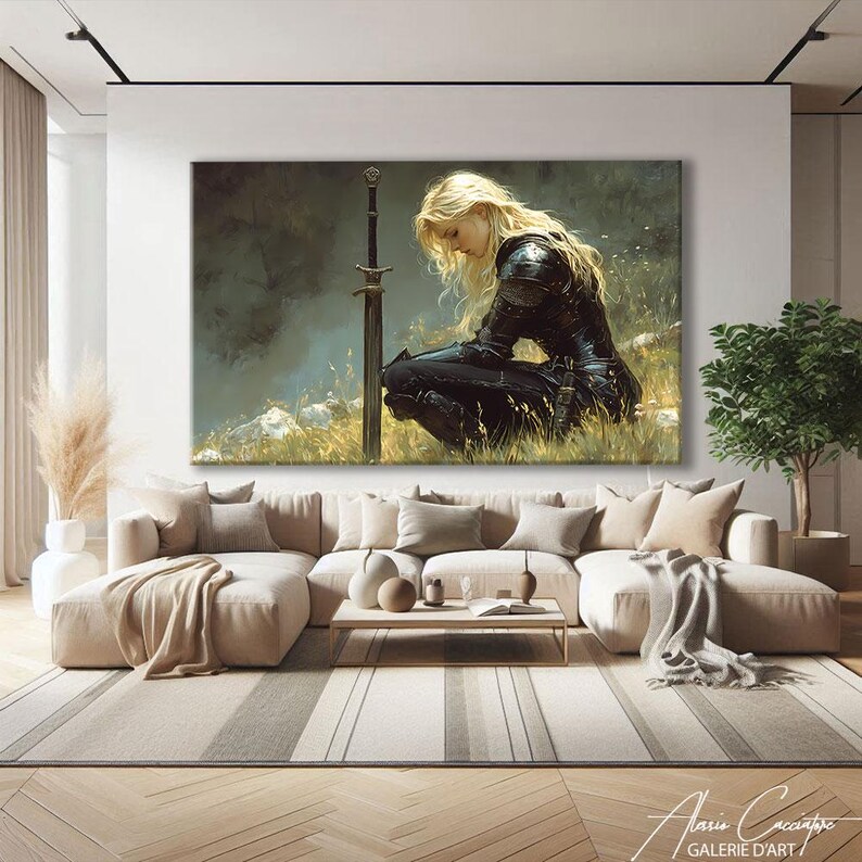 This female knight wall art portrays a powerful warrior woman in a moment of quiet reflection, kneeling beside her sword. Blending strength and vulnerability, this fantasy canvas captures courage, resilience, and inner determination. With a moody atmosphere and cinematic lighting, this artwork creates an emotional and inspiring focal point, perfect for adding depth and character to any interior.