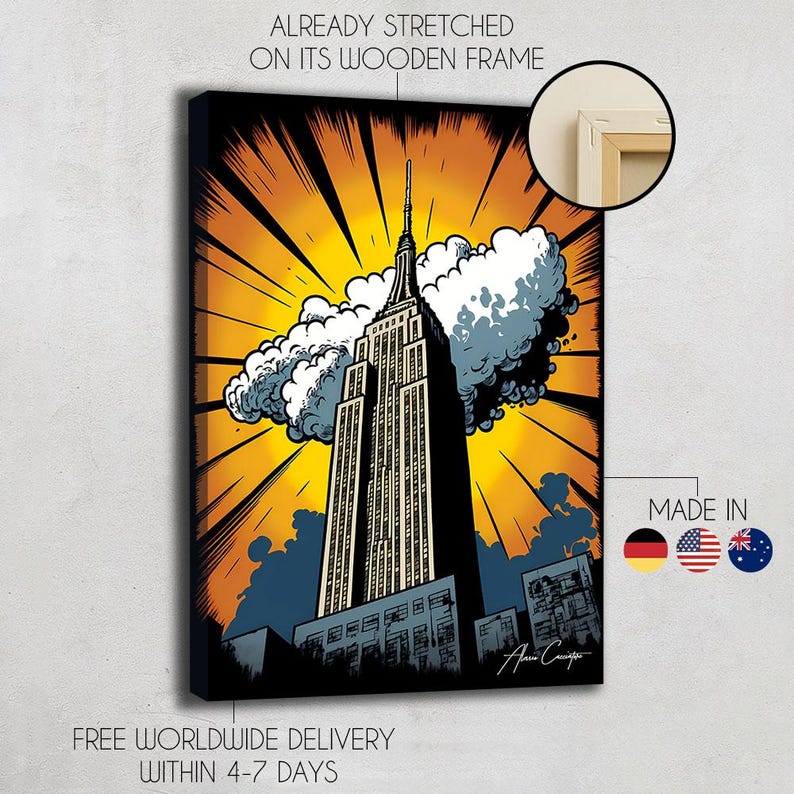 May include: A canvas print featuring a stylized illustration of the Empire State Building in New York City. The artwork uses bold lines and a vibrant color palette of yellow, black, and blue. The text "ALREADY STRETCHED ON ITS WOODEN FRAME" is visible.