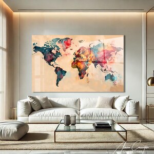 Weltkarte Wandkunst groß, Glasgemälde für die Wand, große Weltkarte Druckfarbe, Acryl Wandkunst Rahmen, Weltreisekarte, Dekor über dem Bett