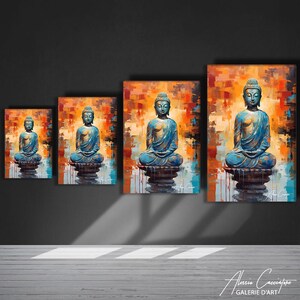 May include: Four canvas prints of a seated Buddha statue in blue and teal hues. The Buddha is set against a vibrant background of orange, red, and yellow brushstrokes. The prints vary in size.