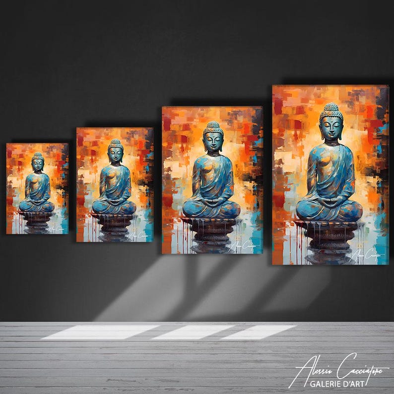 May include: Four canvas prints of a seated Buddha statue in blue and teal hues. The Buddha is set against a vibrant background of orange, red, and yellow brushstrokes. The prints vary in size.