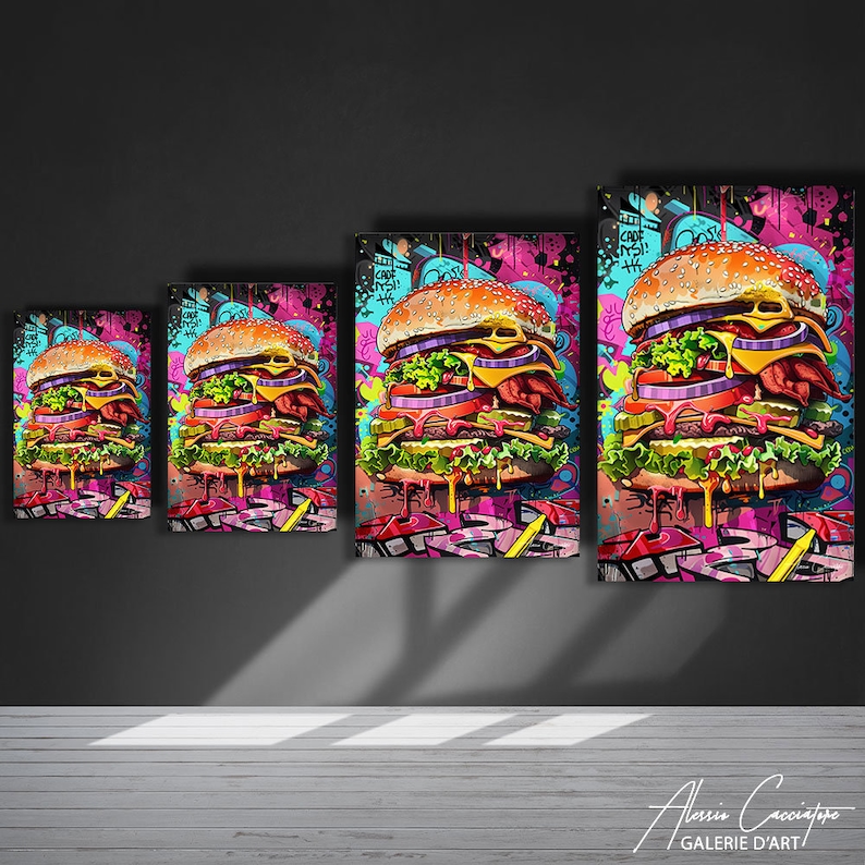 May include: Four different sizes of colorful, graffiti-style canvas prints featuring a large, juicy burger with dripping cheese and toppings. The background is a vibrant mix of pink, blue, and green.