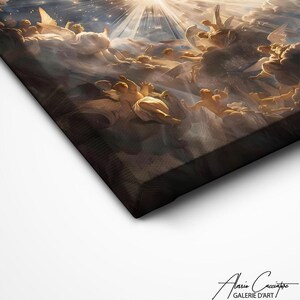 May include: A painting depicting a scene of angels ascending to heaven. The angels are surrounded by clouds and stars, and a bright light shines down from above. The painting is done in a realistic style, with detailed brushstrokes and vibrant colours.