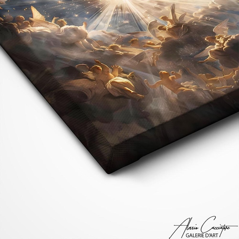 May include: A painting depicting a scene of angels ascending to heaven. The angels are surrounded by clouds and stars, and a bright light shines down from above. The painting is done in a realistic style, with detailed brushstrokes and vibrant colours.