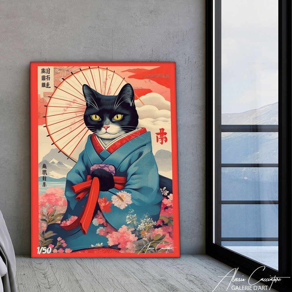 Japanese Cat Painting Cat Wall Art Print Animal Canvas - Etsy UK