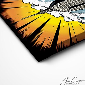 May include: Pop art style print featuring a stylized depiction of a skyscraper emerging from clouds, set against a vibrant yellow and orange burst background. The artwork has bold black outlines and a comic book aesthetic.