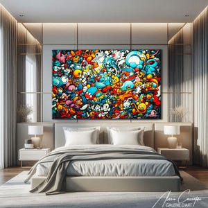 Explosive street art and doodle style canvas print packed with a chaotic collage of original cartoon characters and imaginative round creatures in a joyful, dense composition. Vivid turquoise, orange, red, yellow and white tones with bold outlines and urban graffiti energy. Perfect colorful wall art for a kids room, teen bedroom, living room, or games room, and an ideal gift for street art lovers, cartoon fans, and maximalist decor enthusiasts.