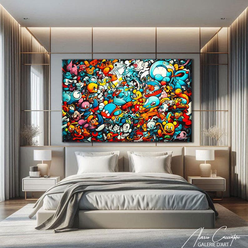 Explosive street art and doodle style canvas print packed with a chaotic collage of original cartoon characters and imaginative round creatures in a joyful, dense composition. Vivid turquoise, orange, red, yellow and white tones with bold outlines and urban graffiti energy. Perfect colorful wall art for a kids room, teen bedroom, living room, or games room, and an ideal gift for street art lovers, cartoon fans, and maximalist decor enthusiasts.