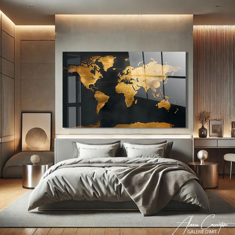 World Map Decor Framed, Tempered Glass Wall Art Abstract, World Map Wall Art, Acrylic Glass Art, Adventure Gift For Him, Above Bed Decor