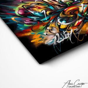 May include: Abstract art painting with vibrant colours, including yellow, orange, red, blue, green, and purple. The painting features a swirling, dynamic design with black lines and a white signature in the bottom right corner.