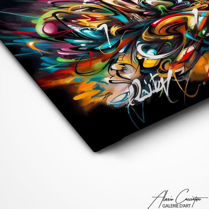 May include: Abstract art painting with vibrant colours, including yellow, orange, red, blue, green, and purple. The painting features a swirling, dynamic design with black lines and a white signature in the bottom right corner.