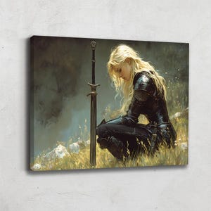 This female knight wall art portrays a powerful warrior woman in a moment of quiet reflection, kneeling beside her sword. Blending strength and vulnerability, this fantasy canvas captures courage, resilience, and inner determination. With a moody atmosphere and cinematic lighting, this artwork creates an emotional and inspiring focal point, perfect for adding depth and character to any interior.