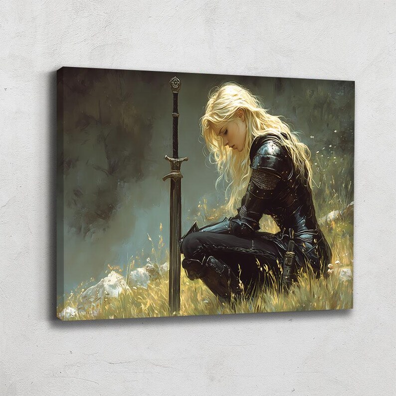 This female knight wall art portrays a powerful warrior woman in a moment of quiet reflection, kneeling beside her sword. Blending strength and vulnerability, this fantasy canvas captures courage, resilience, and inner determination. With a moody atmosphere and cinematic lighting, this artwork creates an emotional and inspiring focal point, perfect for adding depth and character to any interior.
