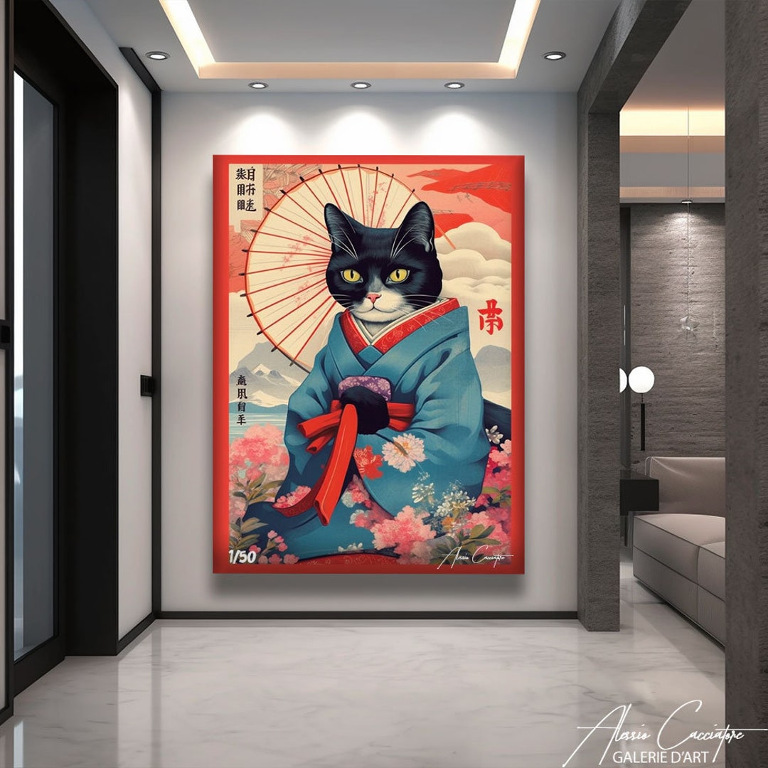 Japanese Cat Painting Cat Wall Art Print Animal Canvas - Etsy UK