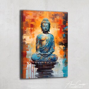 Find inner peace with this serene Buddha canvas print. A tranquil turquoise Buddha statue sits in meditation against a vibrant abstract backdrop of warm orange, amber, and cool blue geometric brushstrokes. The contemporary style blends spiritual tradition with modern artistry beautifully. Perfect for meditation rooms, yoga studios, zen spaces, or anyone seeking peaceful, mindful decor. A meaningful gift for spiritual seekers and meditation practitioners.