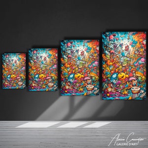 May include: Four different sizes of colorful, abstract art prints featuring a variety of cartoon characters and designs. The prints are framed and hanging on a gray wall.