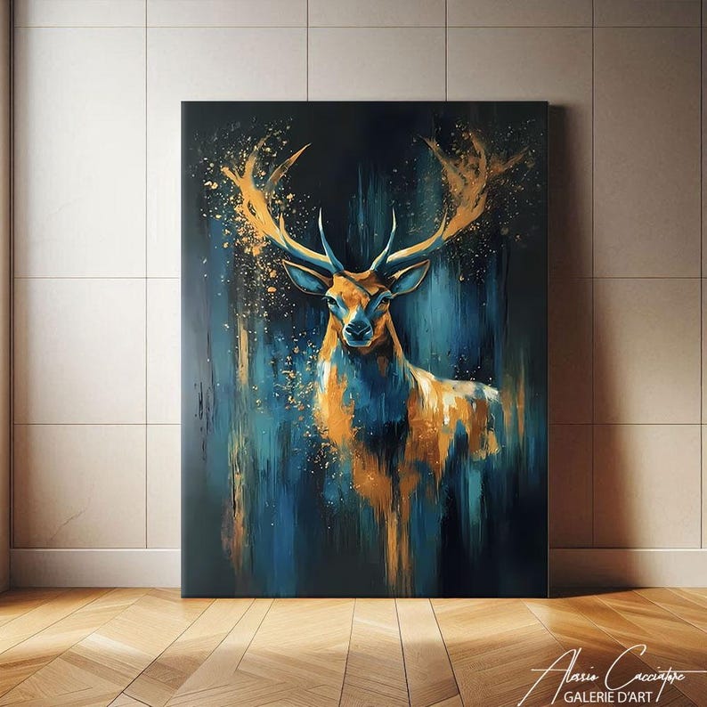 Stag Wall Art, Deer Art Print Canvas, Navy Gold Wall Art, Large Elk ...