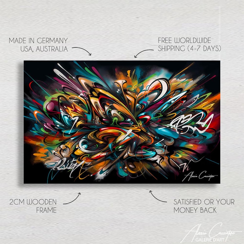 May include: Abstract art print featuring a colourful explosion of paint in shades of blue, green, yellow, orange, red, and purple on a black background. The print is framed with a 2 cm wooden frame.