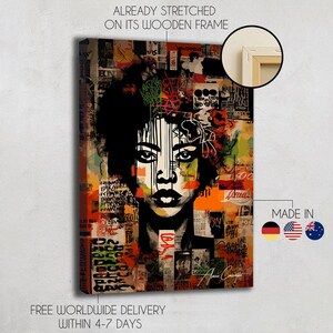 May include: A canvas art print depicting a black and white portrait of a woman with a collage background. The artwork is stretched on a wooden frame. The background features orange, green, and red accents. The text reads 'ALREADY STRETCHED'.