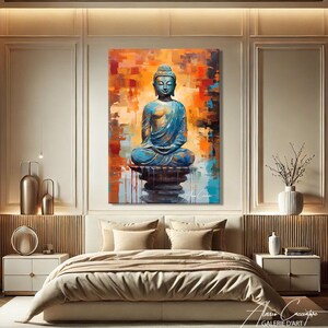 Find inner peace with this serene Buddha canvas print. A tranquil turquoise Buddha statue sits in meditation against a vibrant abstract backdrop of warm orange, amber, and cool blue geometric brushstrokes. The contemporary style blends spiritual tradition with modern artistry beautifully. Perfect for meditation rooms, yoga studios, zen spaces, or anyone seeking peaceful, mindful decor. A meaningful gift for spiritual seekers and meditation practitioners.