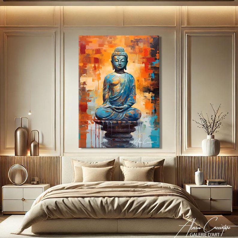 Find inner peace with this serene Buddha canvas print. A tranquil turquoise Buddha statue sits in meditation against a vibrant abstract backdrop of warm orange, amber, and cool blue geometric brushstrokes. The contemporary style blends spiritual tradition with modern artistry beautifully. Perfect for meditation rooms, yoga studios, zen spaces, or anyone seeking peaceful, mindful decor. A meaningful gift for spiritual seekers and meditation practitioners.