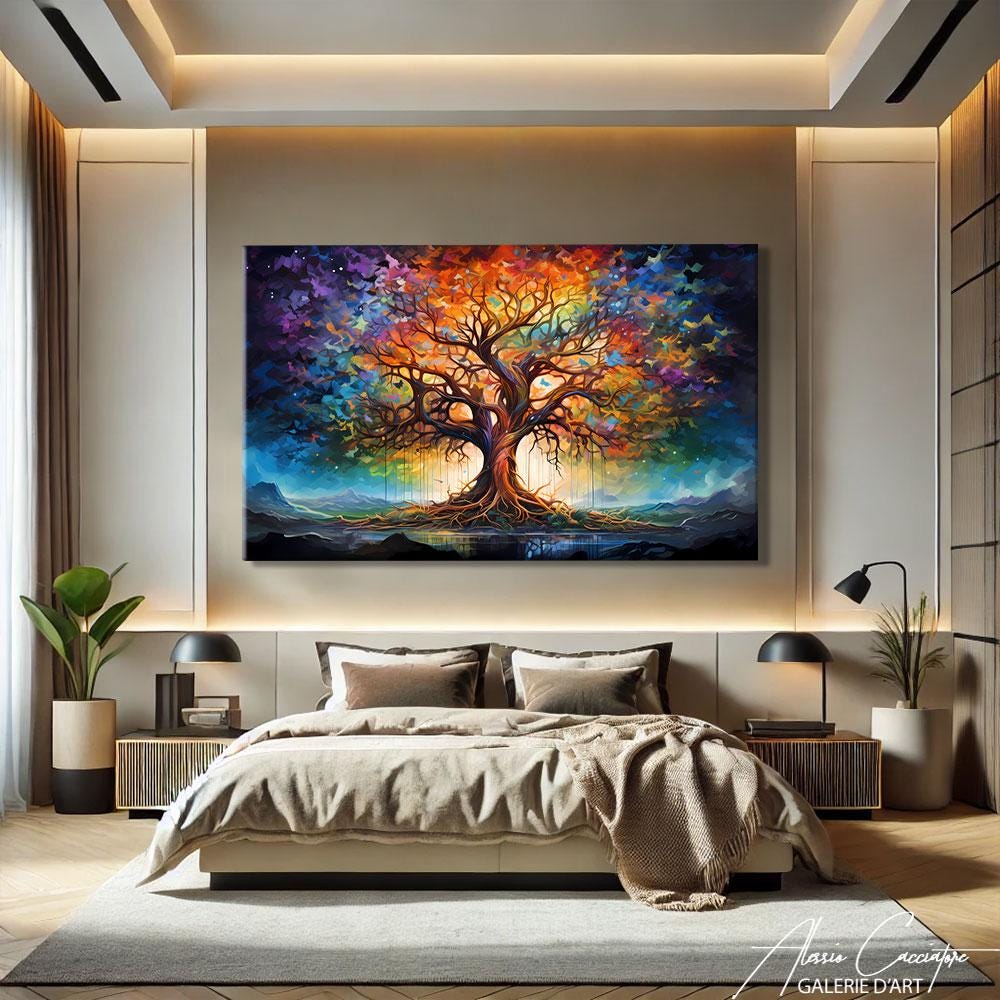 Colorful Tree of Life Painting on Canvas, Symbolic Art Print, Abstract ...