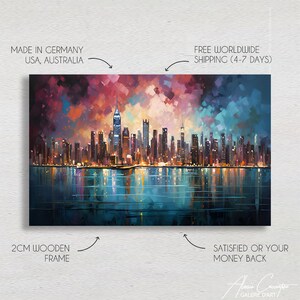 May include: A colorful painting of a city skyline at night, with a reflection of the city in the water below. The painting is framed with a 2 cm wooden frame.  "MADE IN GERMANY USA, AUSTRALIA FREE WORLDWIDE SHIPPING (4-7 DAYS) SATISFIED OR YOUR MONEY BACK" is written on the image.