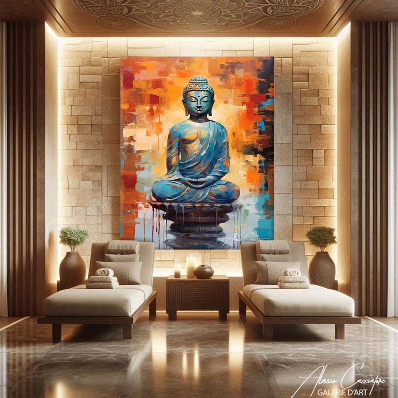 Find inner peace with this serene Buddha canvas print. A tranquil turquoise Buddha statue sits in meditation against a vibrant abstract backdrop of warm orange, amber, and cool blue geometric brushstrokes. The contemporary style blends spiritual tradition with modern artistry beautifully. Perfect for meditation rooms, yoga studios, zen spaces, or anyone seeking peaceful, mindful decor. A meaningful gift for spiritual seekers and meditation practitioners.