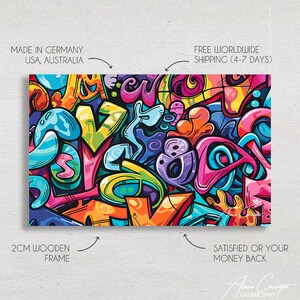 May include: Abstract graffiti art print with a colorful design featuring a variety of shapes and letters. The print is on a 2 cm wooden frame.