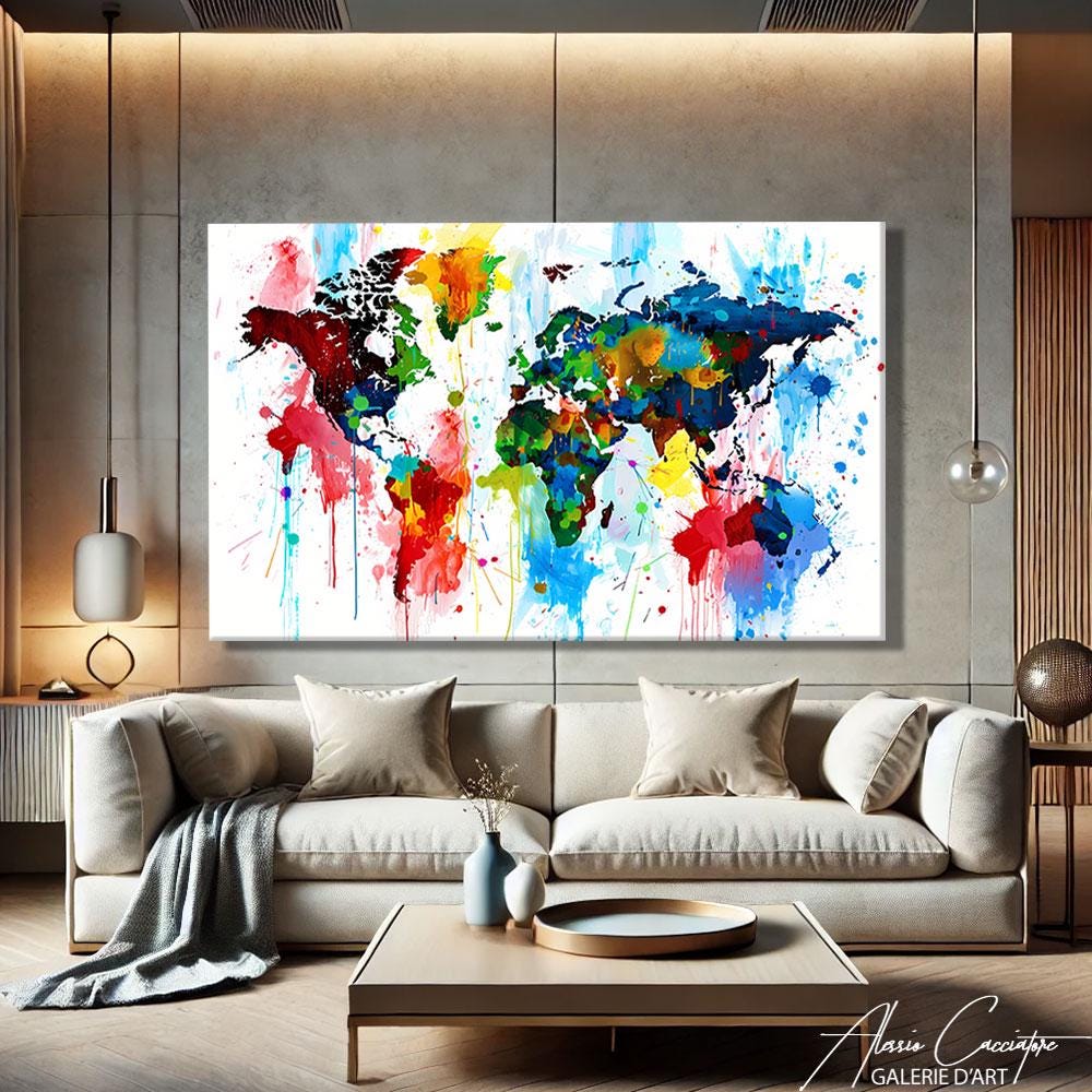 World Map Art Canvas, Street Art Canvas Art Print, Urban Painting, World Map Wall Art In Kids Room, Above Bed Decor, Geography Gifts