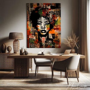 May include: A striking piece of art depicting a woman's face with a collage background of text and images. The colour palette includes orange, red, and black. The artwork is displayed in a modern office setting, with a wooden desk and chairs.
