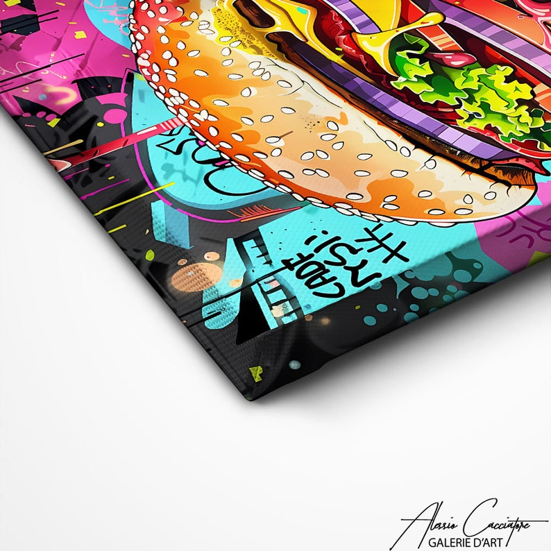 May include: A colorful, abstract painting of a hamburger with a sesame seed bun, lettuce, tomato, and cheese. The background is a mix of pink, blue, yellow, and black with graffiti-style text and designs.