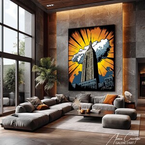 empire state building canvas print new york comic pop art urban wall decor NYC gift orange yellow wall art comic book city print nyc skyline canvas retro illustration decor bold graphic wall art new yorker gift manga style city canvas black orange wall decor office statement art american city print expat new york gift above desk decor travel memory canvas graphic novel inspired pop culture city art vertical bold print