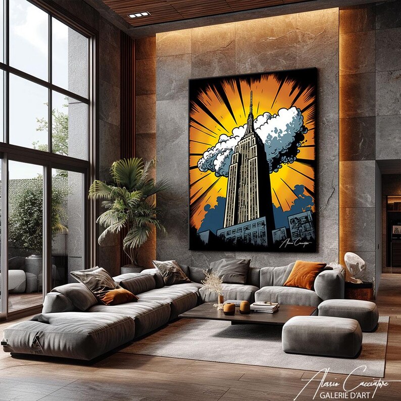 empire state building canvas print new york comic pop art urban wall decor NYC gift orange yellow wall art comic book city print nyc skyline canvas retro illustration decor bold graphic wall art new yorker gift manga style city canvas black orange wall decor office statement art american city print expat new york gift above desk decor travel memory canvas graphic novel inspired pop culture city art vertical bold print