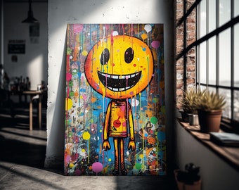 Smiley-Wandkunst, Graffiti-Drucke, Wanddekoration über dem Bett, trendiger Wandkunstdruck, Smiley-Gesichtsdekoration, Graffiti-Kunst-Leinwandgemälde