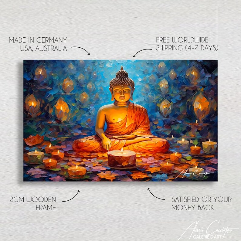 May include: A painting of a meditating Buddha in a golden robe, surrounded by glowing candles and blue flowers. The painting is on a 2cm wooden frame.