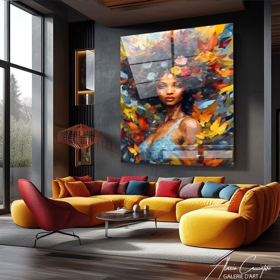 Abstract Glass Wall Art, African Woman Art, Oversized Wall Art Abstract, Above Bed Wall Decor, Tempered Glass Printing, Plexiglass Painting